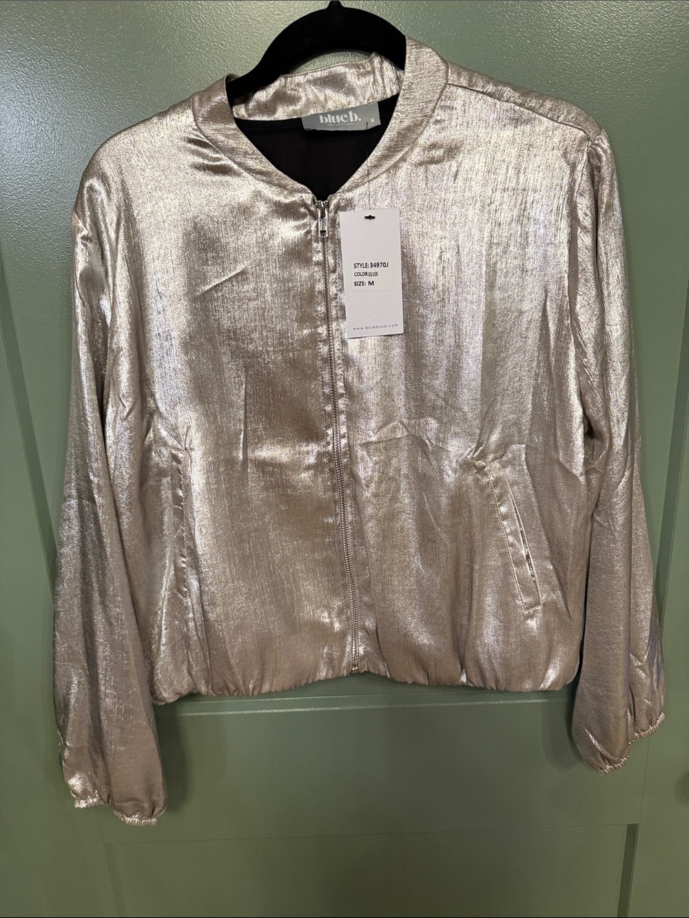 Blue B silver Shimmery Metallic Bomber Jacket